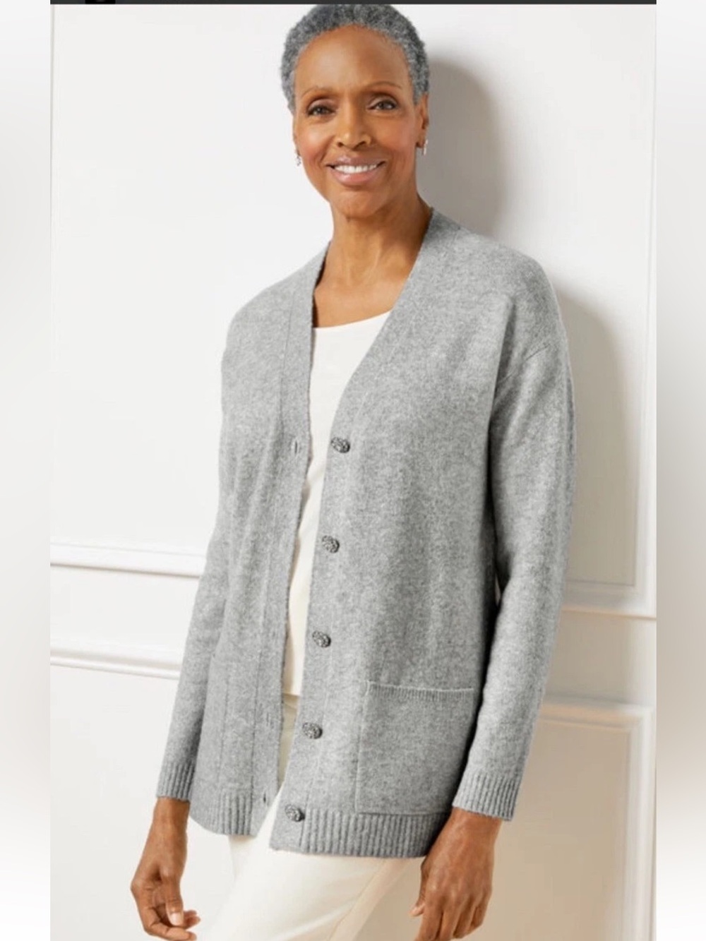 Talbots Jewel Button Light Gray V-Neck Cardigan Sz PM Metallic Gray